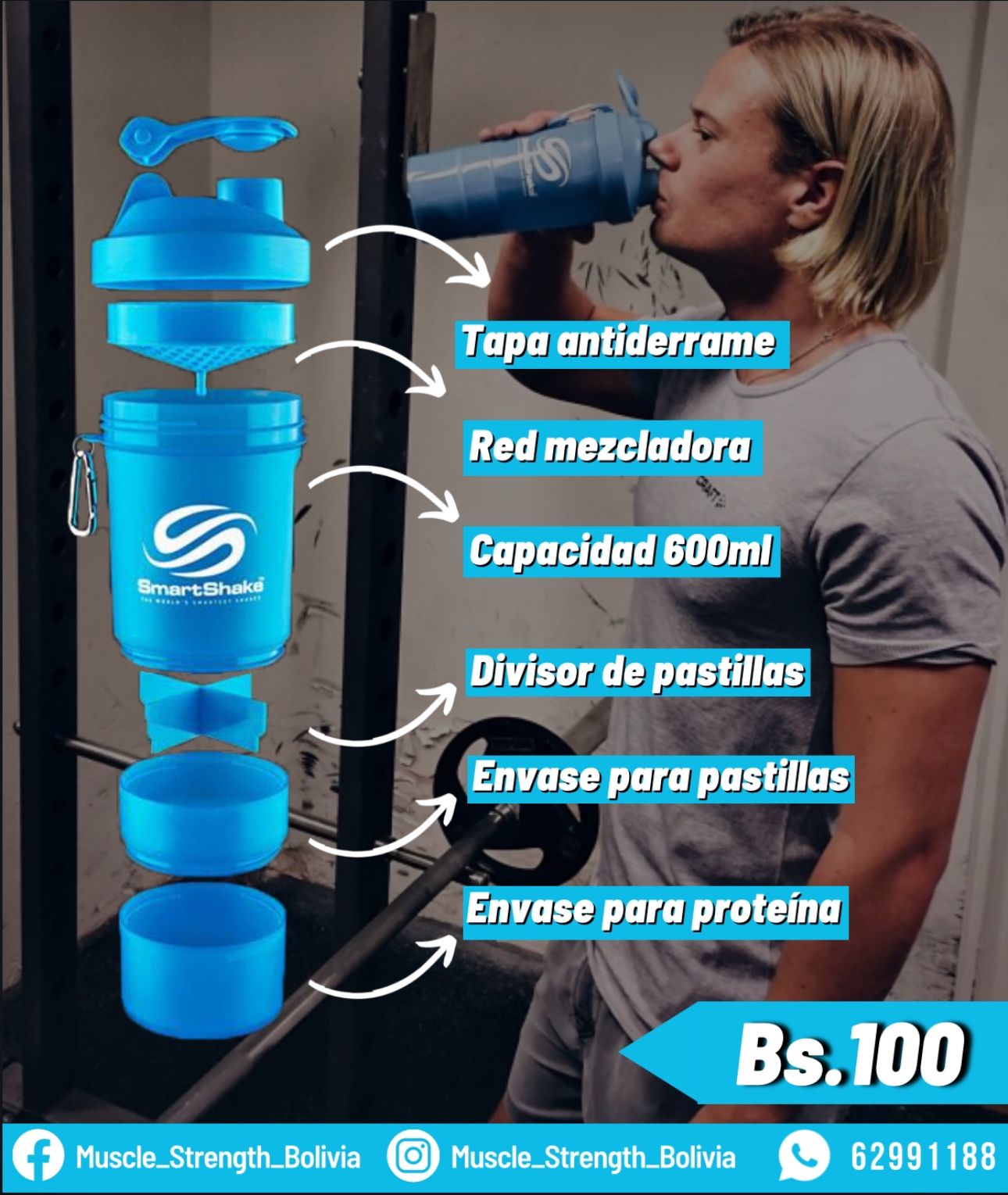 Tomatodo - 600ml - Triple compartimiento (Azul) - SmartShake