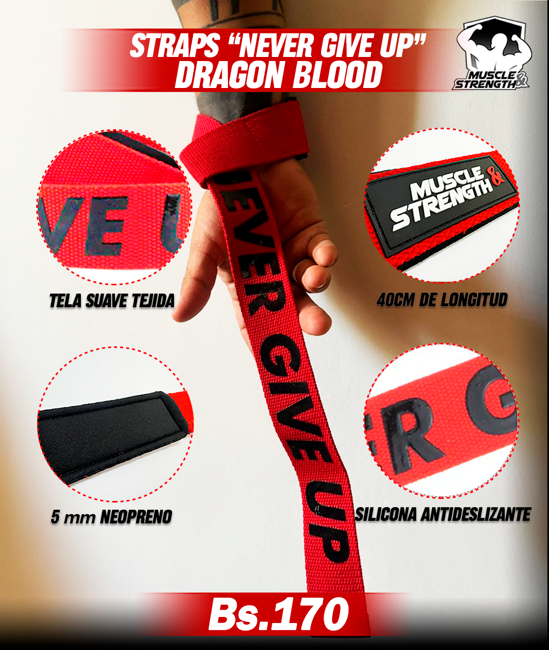 Straps "Never Give Up" - Rojo - Muscle & Strength