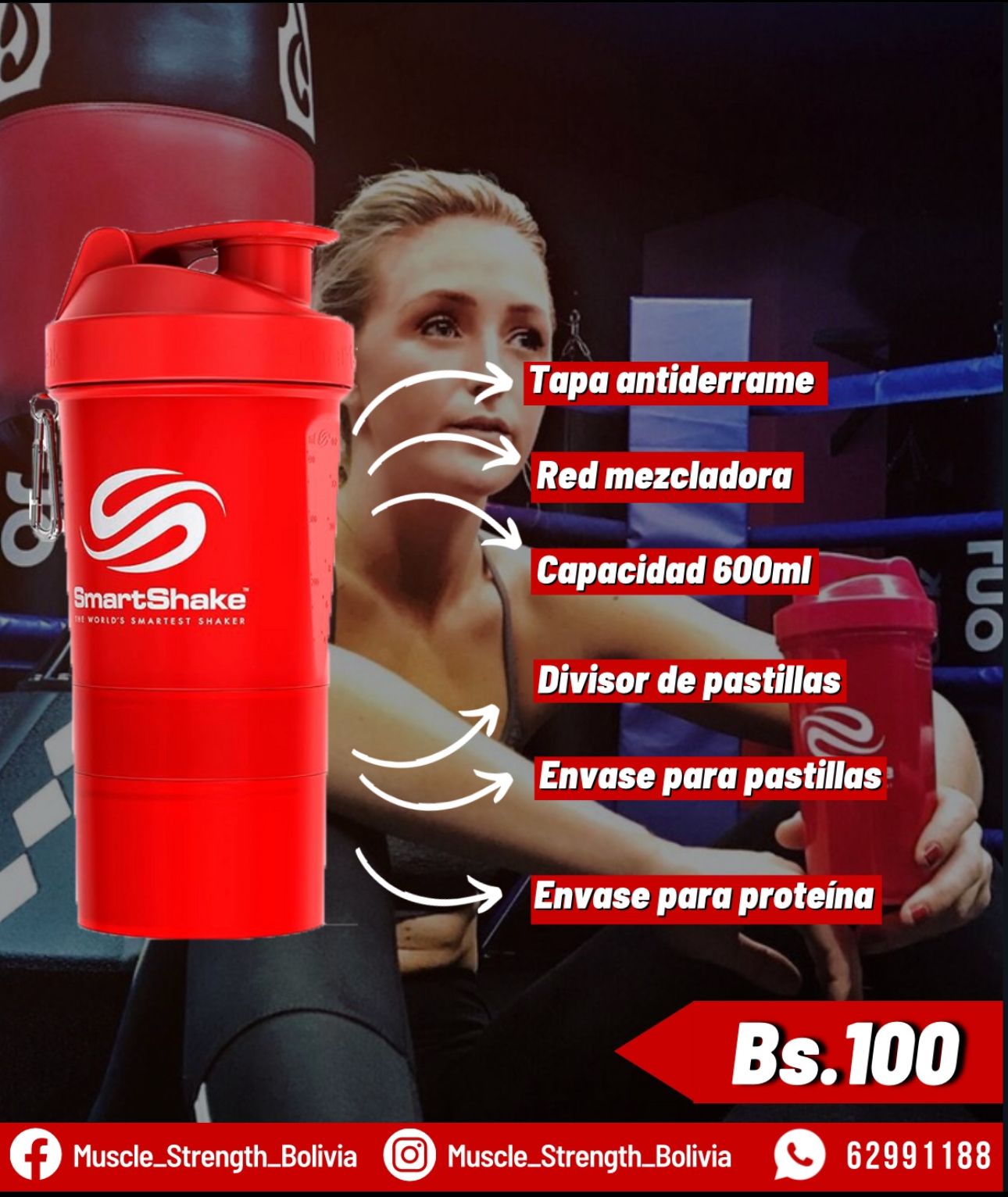 Tomatodo - 600ml - Triple compartimiento (Rojo) - SmartShake