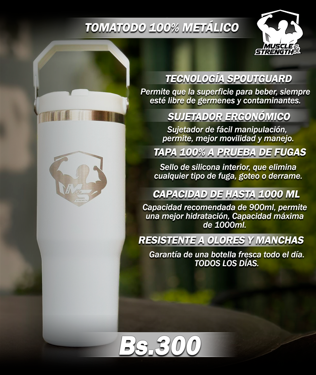 Termo metálico 30oz - Blanco - Muscle & Strength